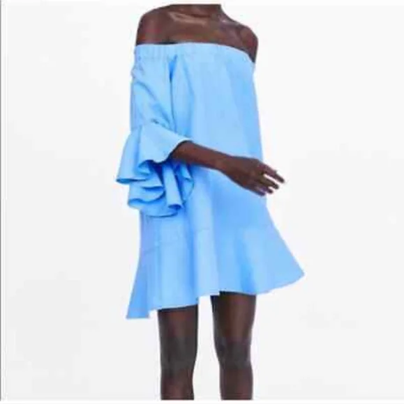 Zara Dress Linen Cotton Blend Blue Off the Shoulder Bell Sleeve Coastal Size M - Picture 1 of 6